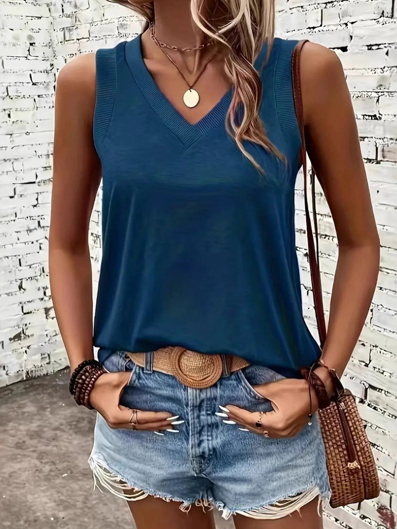 V-Neck Tank Top in teal blue, sleeveless with a ribbed V-neck for a basic casual look