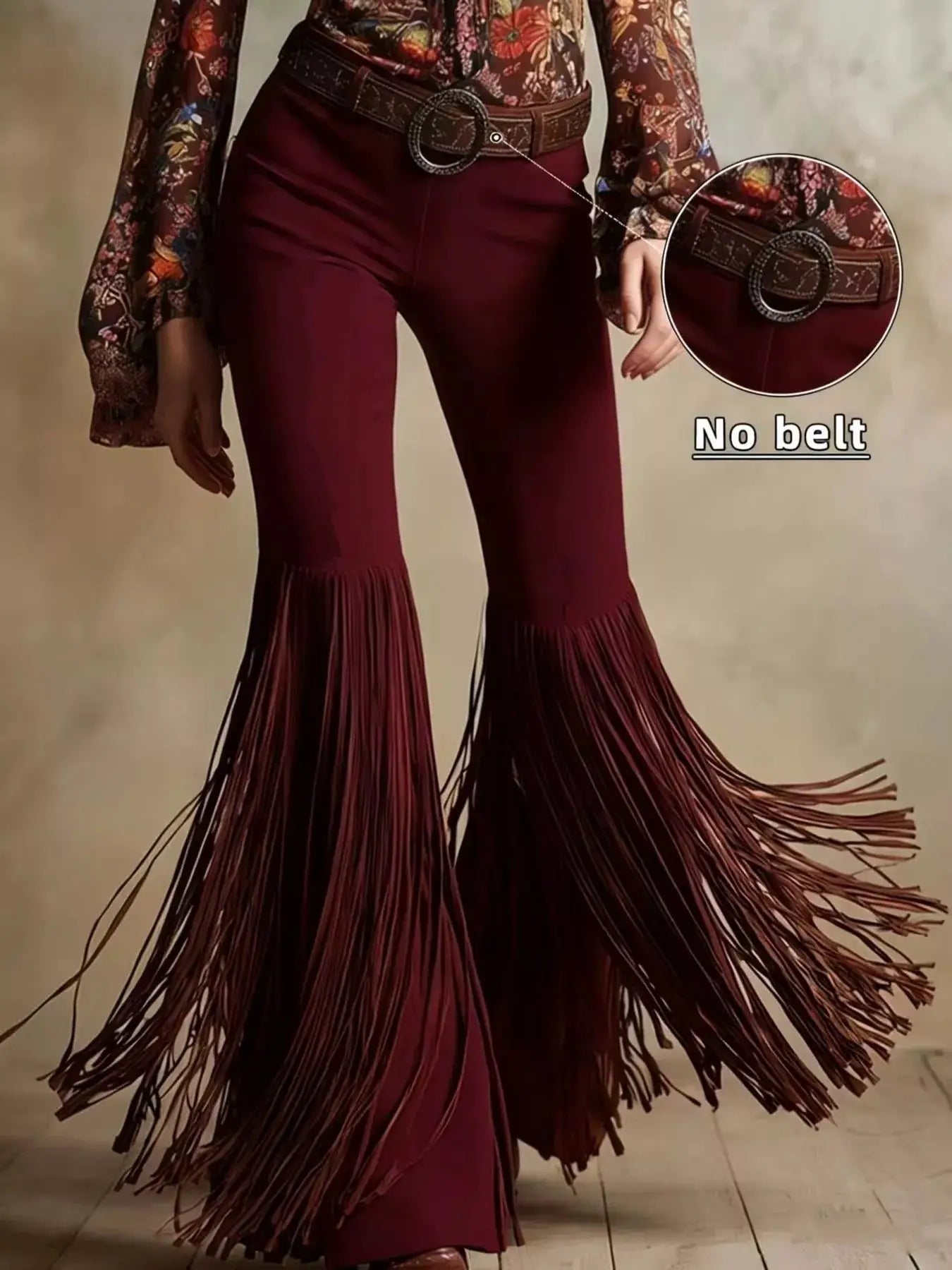 Fringe Flare Pants by Trendsi in burgundy with long tassel fringe hem and belt