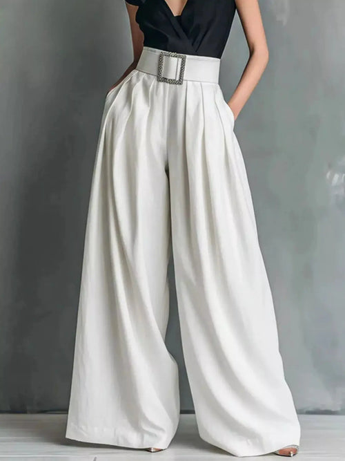 High-Waisted Wide-Leg Pants in white with rhinestone belt buckle