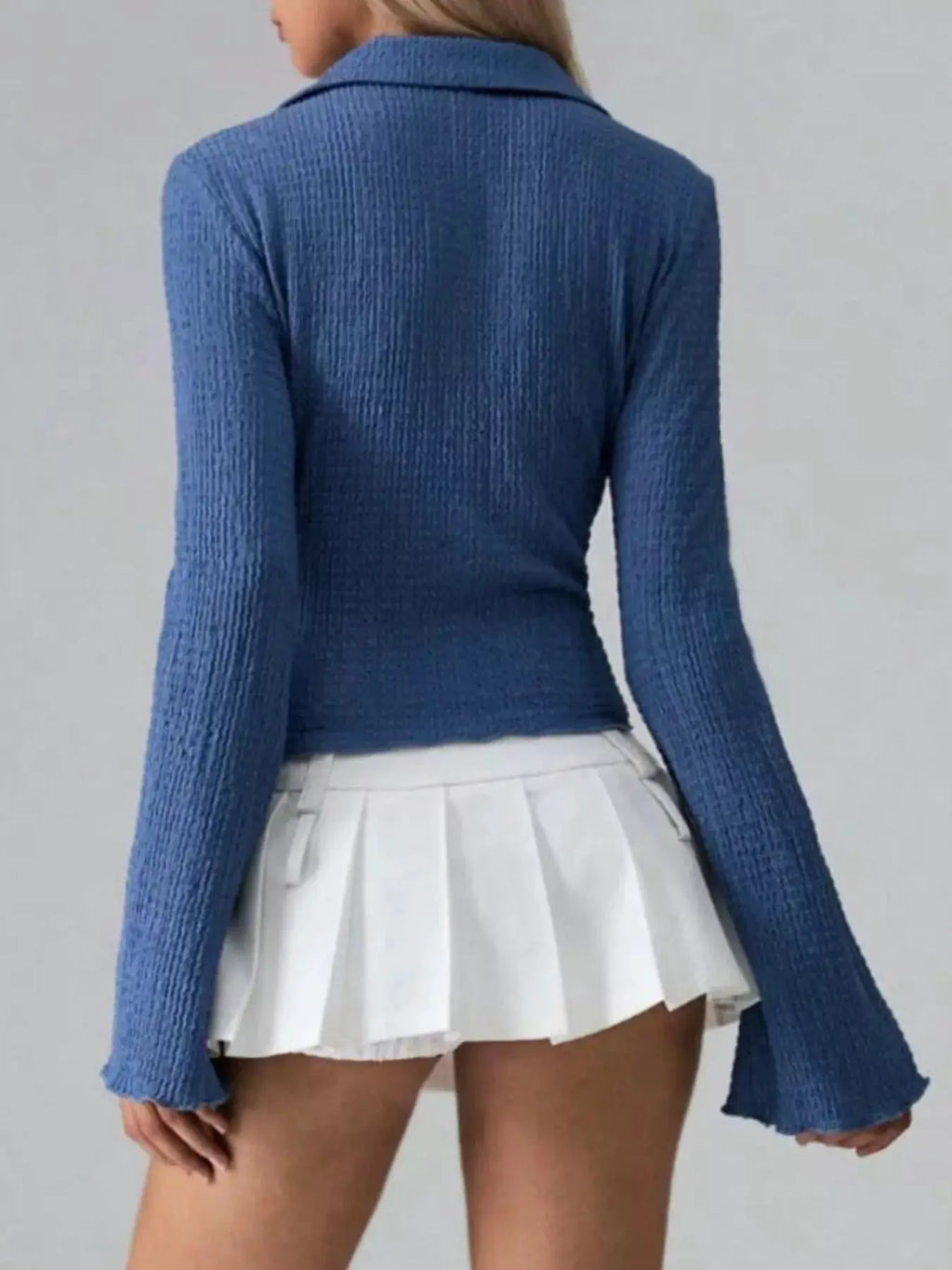 Button Up Flare Sleeve Shirt in blue ribbed knit; white pleated mini skirt (2-piece outfit)