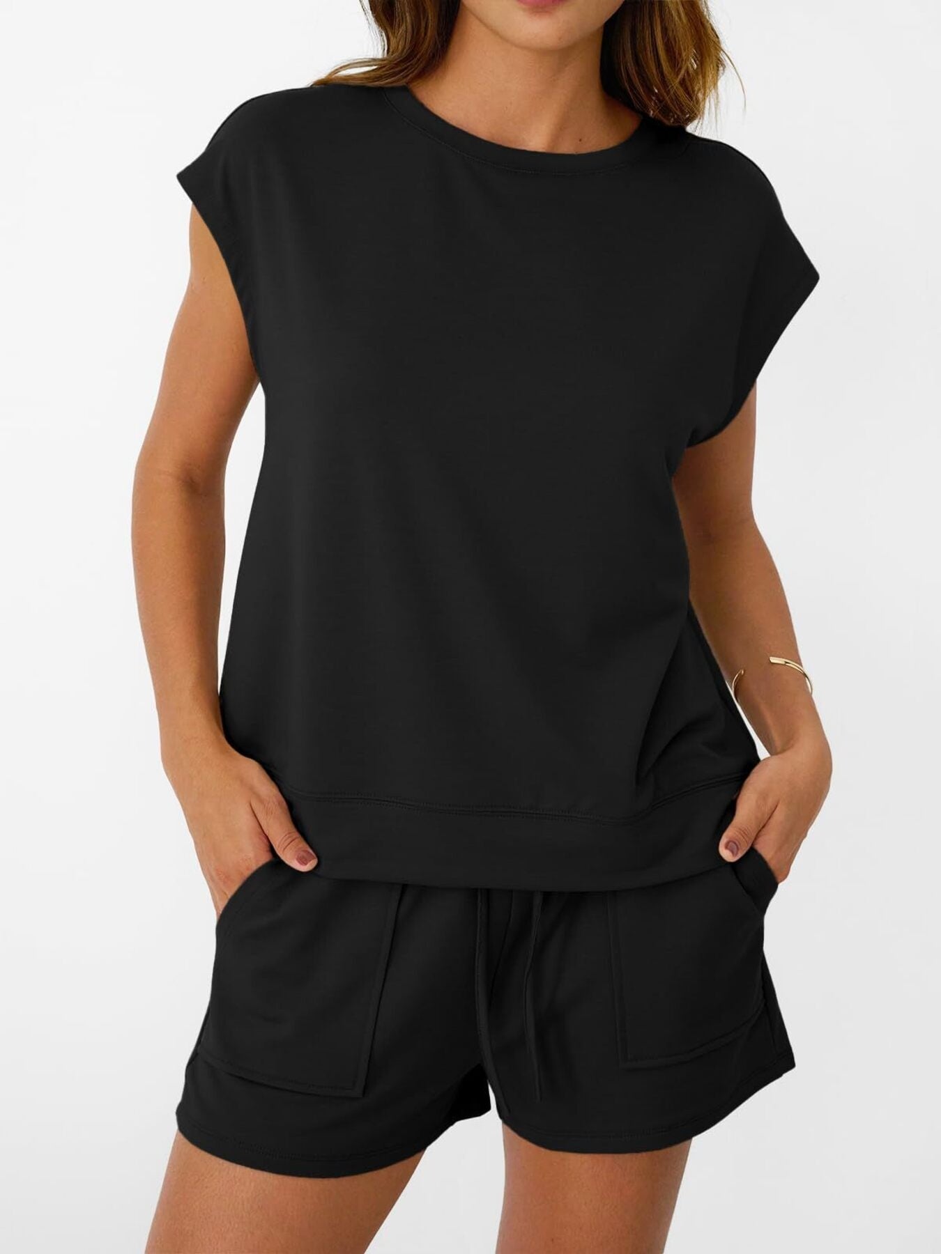 Round Neck Cap Sleeve Top and Shorts Set in black, women's loungewear