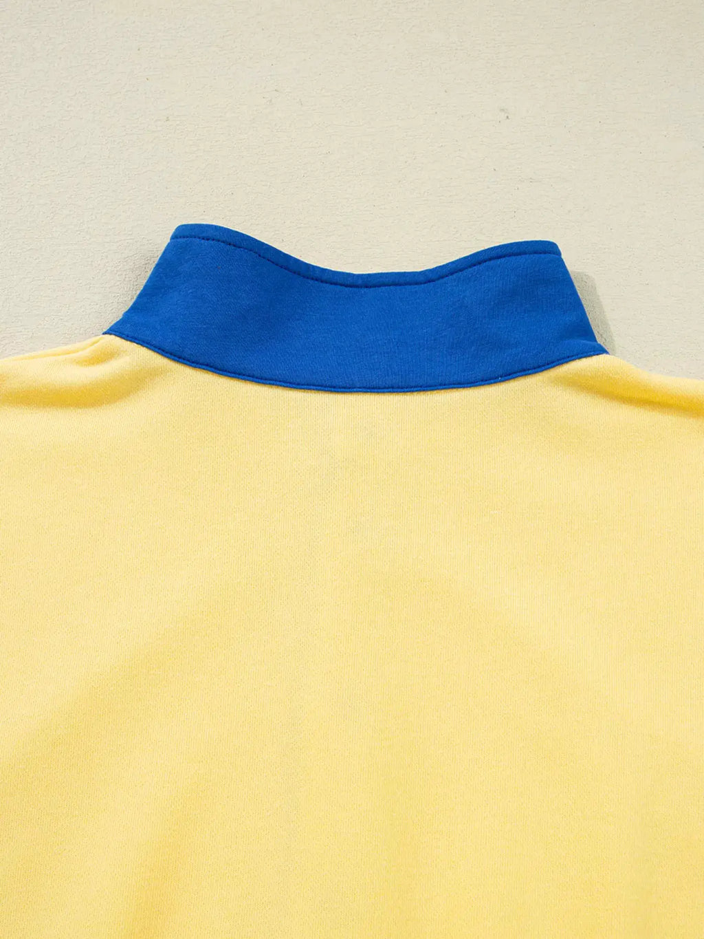 Activewear top color-block with blue collar on yellow fabric by Belle Bijouix