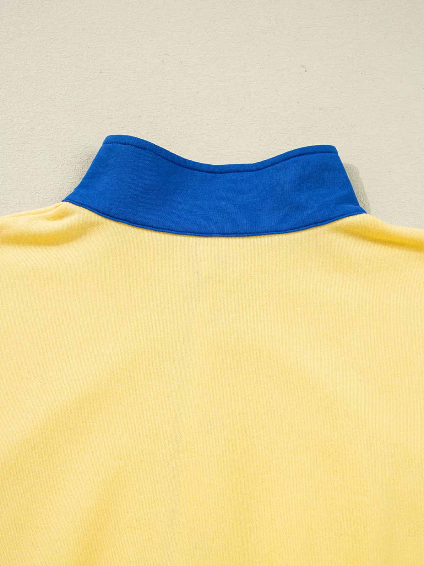Activewear top color-block with blue collar on yellow fabric by Belle Bijouix