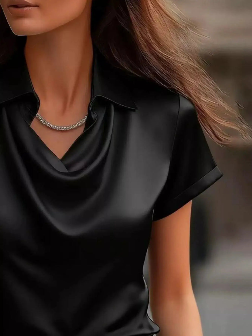 Full Size Cowl Neck Satin Blouse, black, short sleeves, plus size