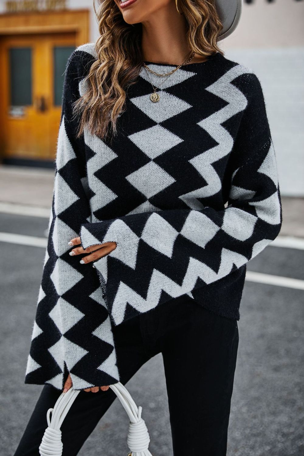 Angel Wings Geometric Slit Flare Sleeve Round Neck Sweater, black and white knit