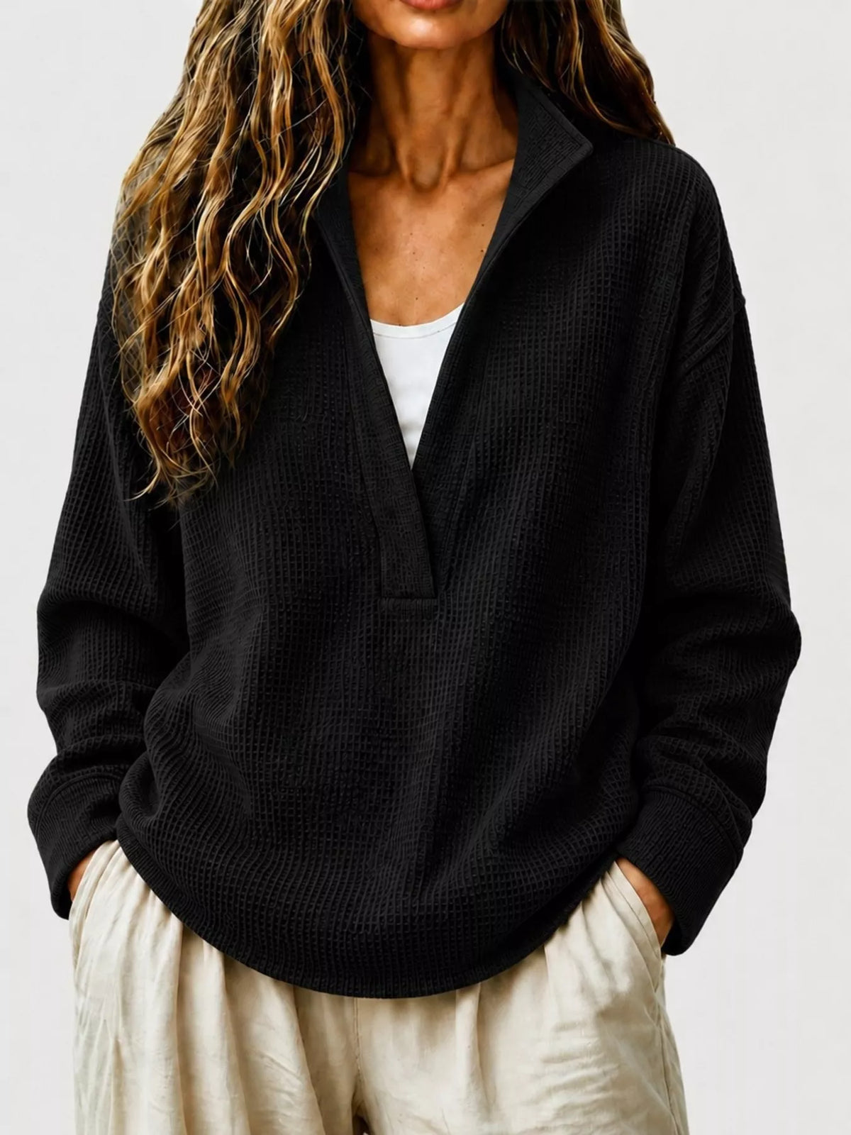 Waffle Knit Dropped Shoulder Sweatshirt