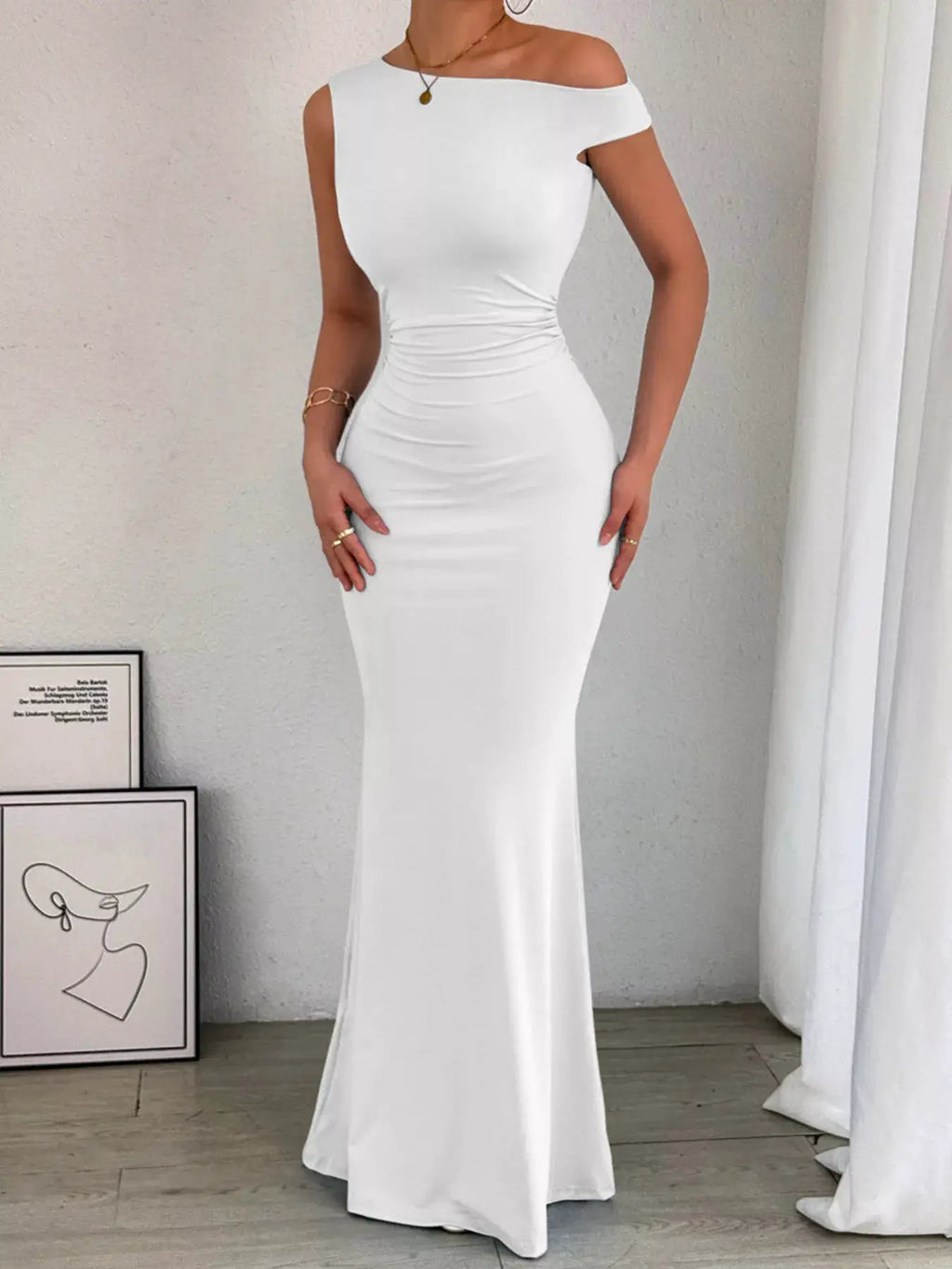 One-Shoulder Ruched Bodycon Maxi Dress by Belle Bijouix, white, floor-length