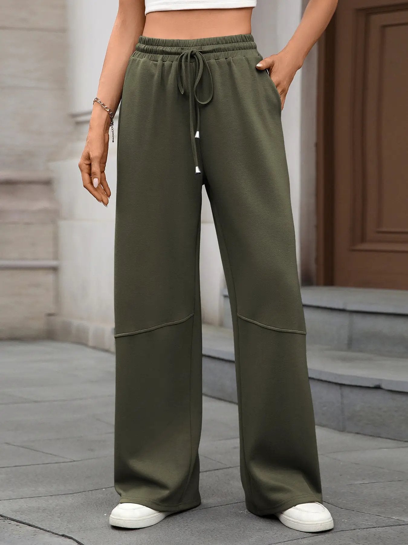 Drawstring high-waist wide-leg casual pants in olive green by Trendsi