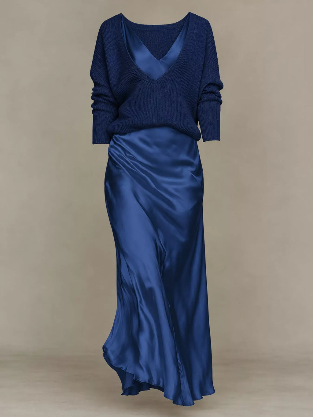 V-Neck Sweater & Satin Slip Maxi Dress Set in Dark Blue by Belle Bijouix – view 16 of 41
