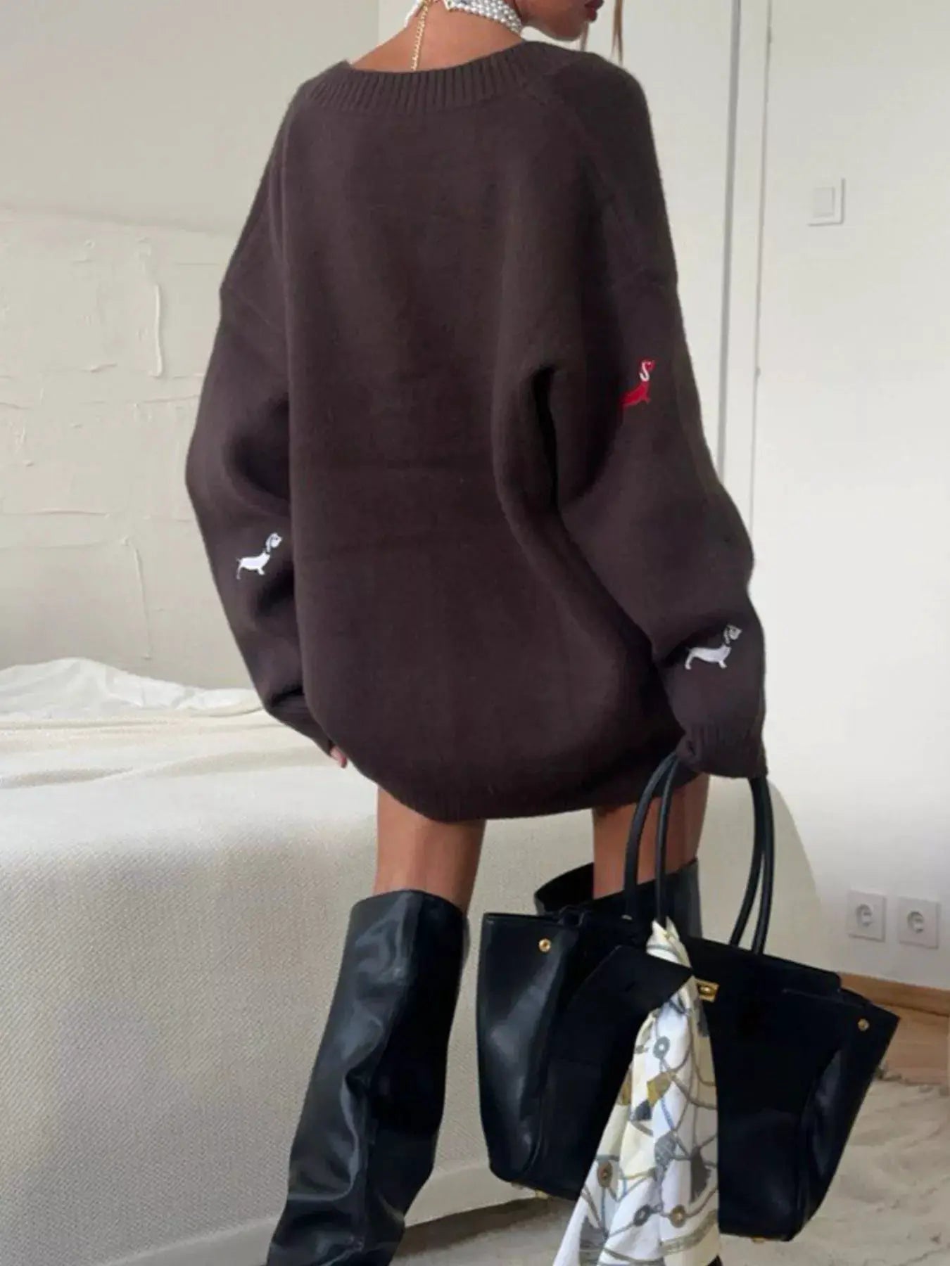 Embroidered Button Up Cardigan, dark brown oversized knit with dog embroidery on the sleeves
