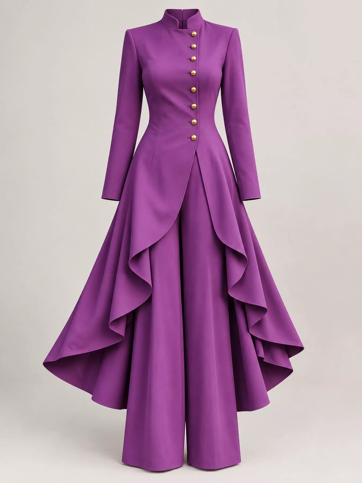 Ruffled High-Low Button Tunic & Wide-Leg Pants Set in Grape Purple by Belle Bijouix – view 76 of 82