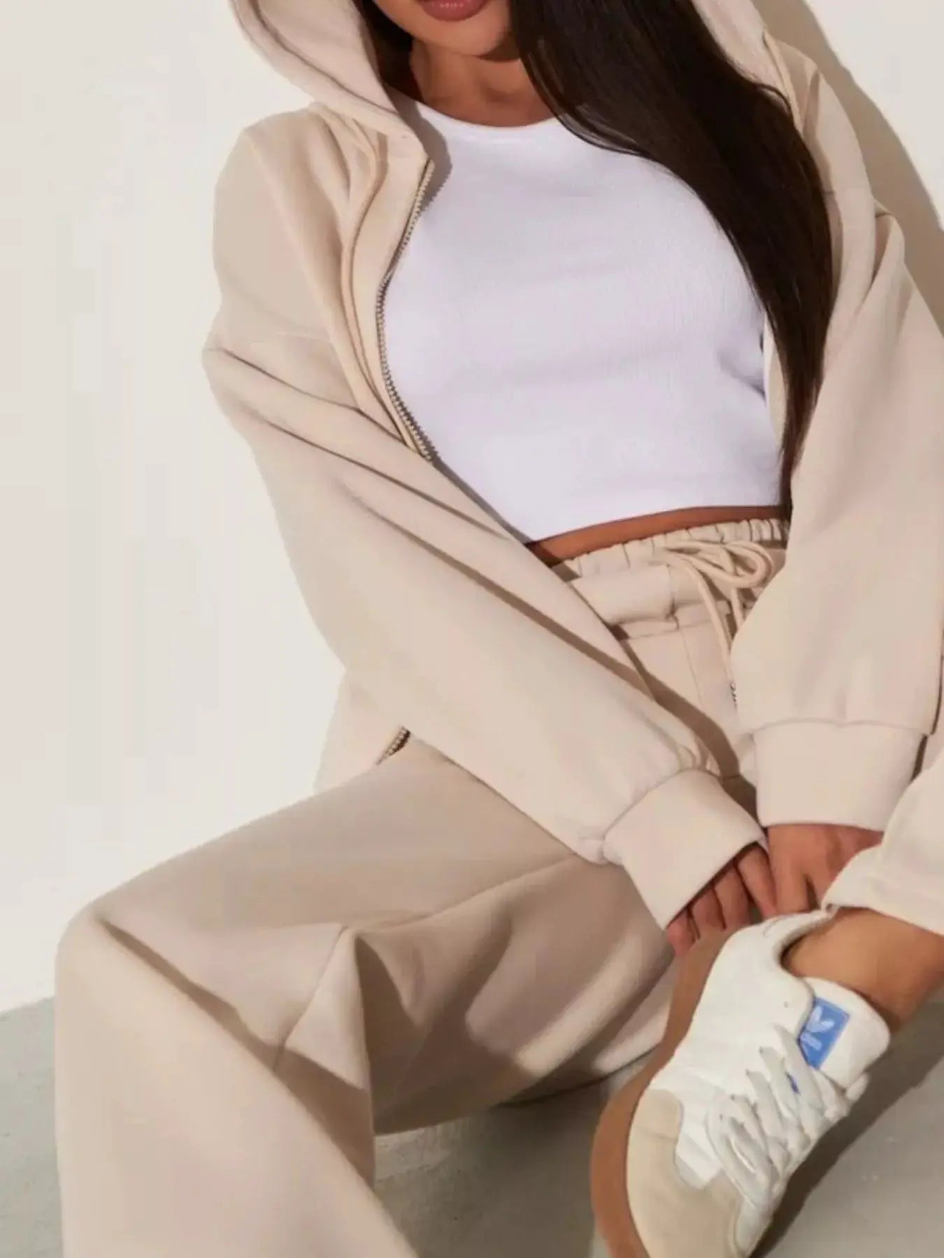 Zip-Up Hoodie & Wide-Leg Pants Set in beige with white crop top; women's loungewear.