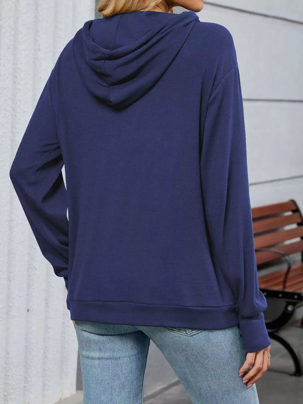 Letter Drawstring Long Sleeve Hoodie, navy blue hooded top with drawstring