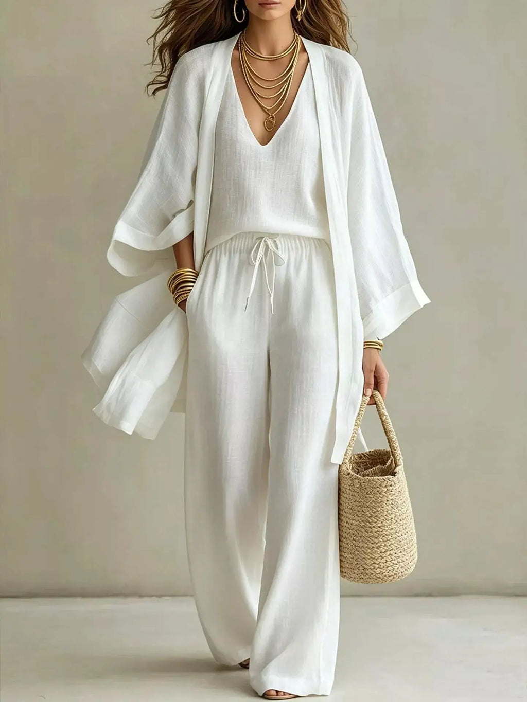 Plus-size white linen V-neck tank, cardigan and pants three-piece set; straw tote.