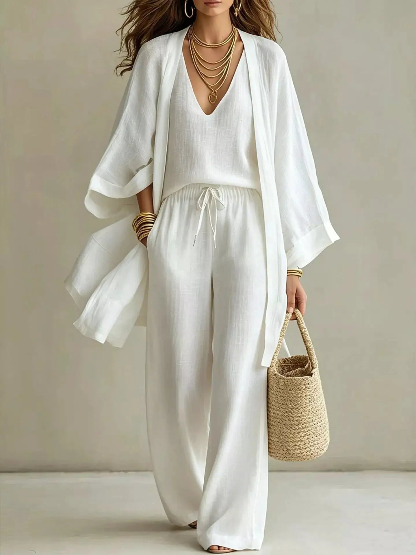Plus-size white linen V-neck tank, cardigan and pants three-piece set; straw tote.