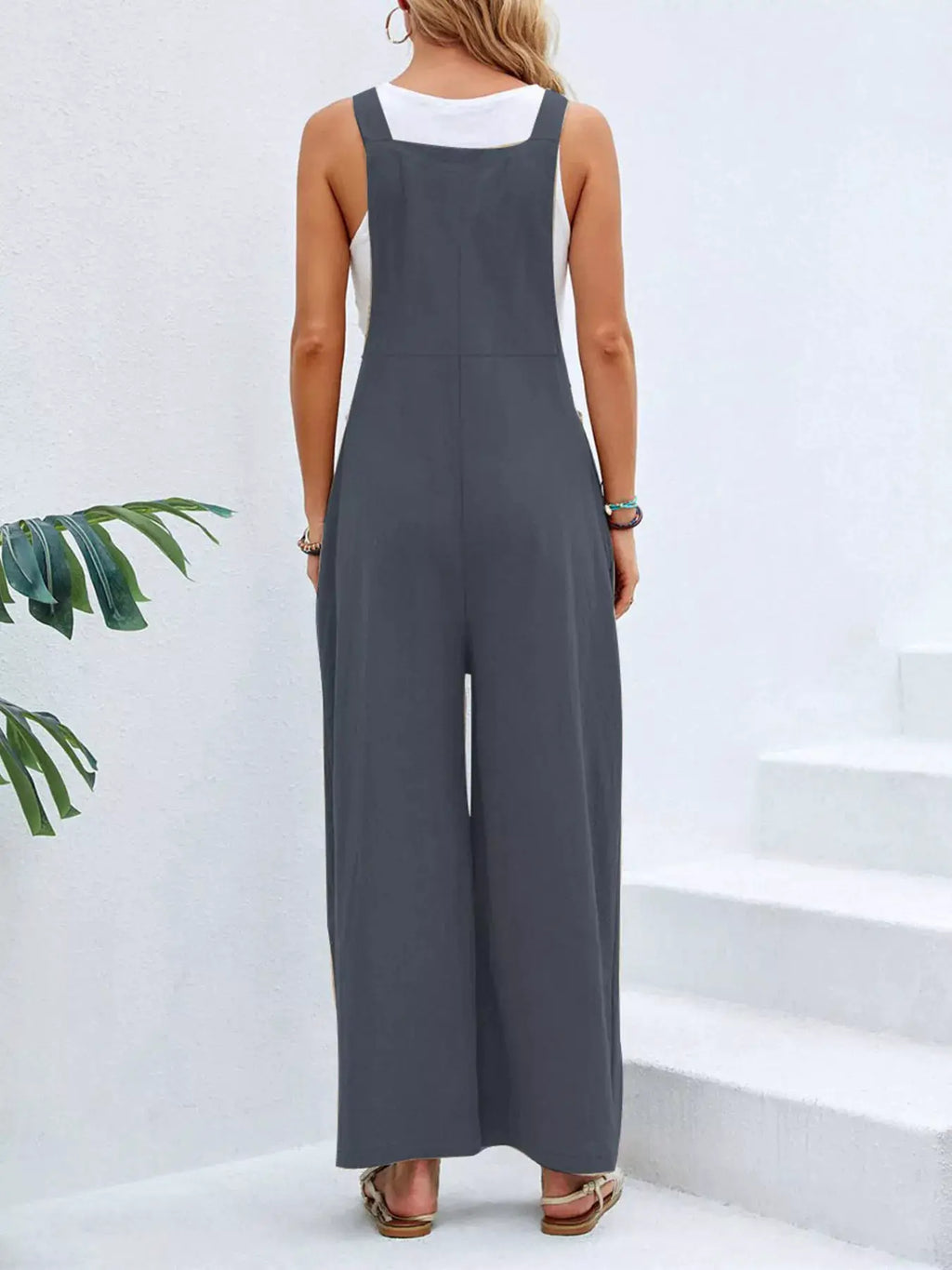 Full Size Casual Wide-Leg Overalls with Pockets Plus Size, gray, back view