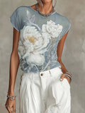 Air Force Blue floral sheer blouse with cap sleeves - front view