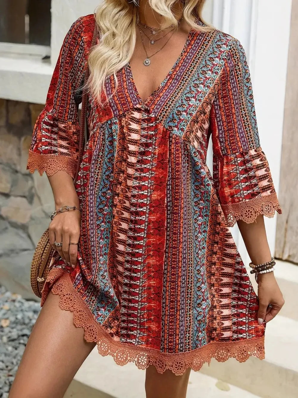 Dress Belle Bijouix lace-trim printed V-neck 3/4 sleeves in red and turquoise boho pattern with scalloped lace hem.