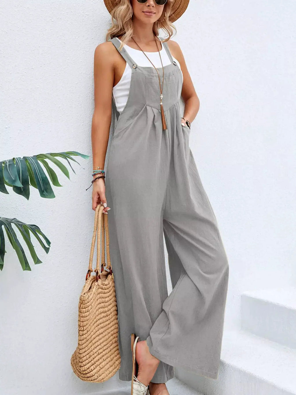 Full Size Casual Wide-Leg Overalls with Pockets Plus Size in grey with white top, straw hat and straw bag