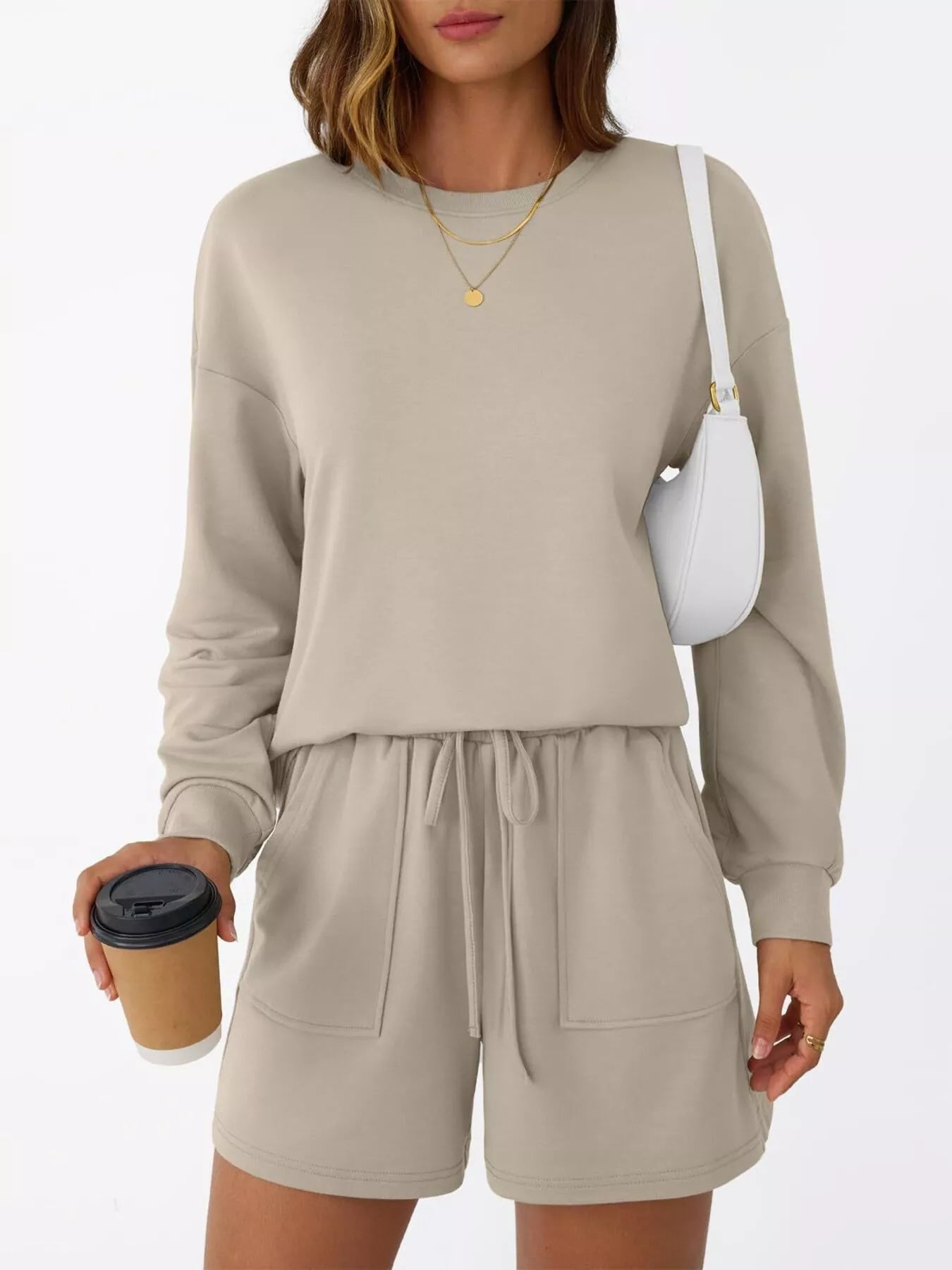 Belle Bijouix Round Neck Long Sleeve Top and Shorts Set in beige; 2-piece activewear with drawstring and pockets