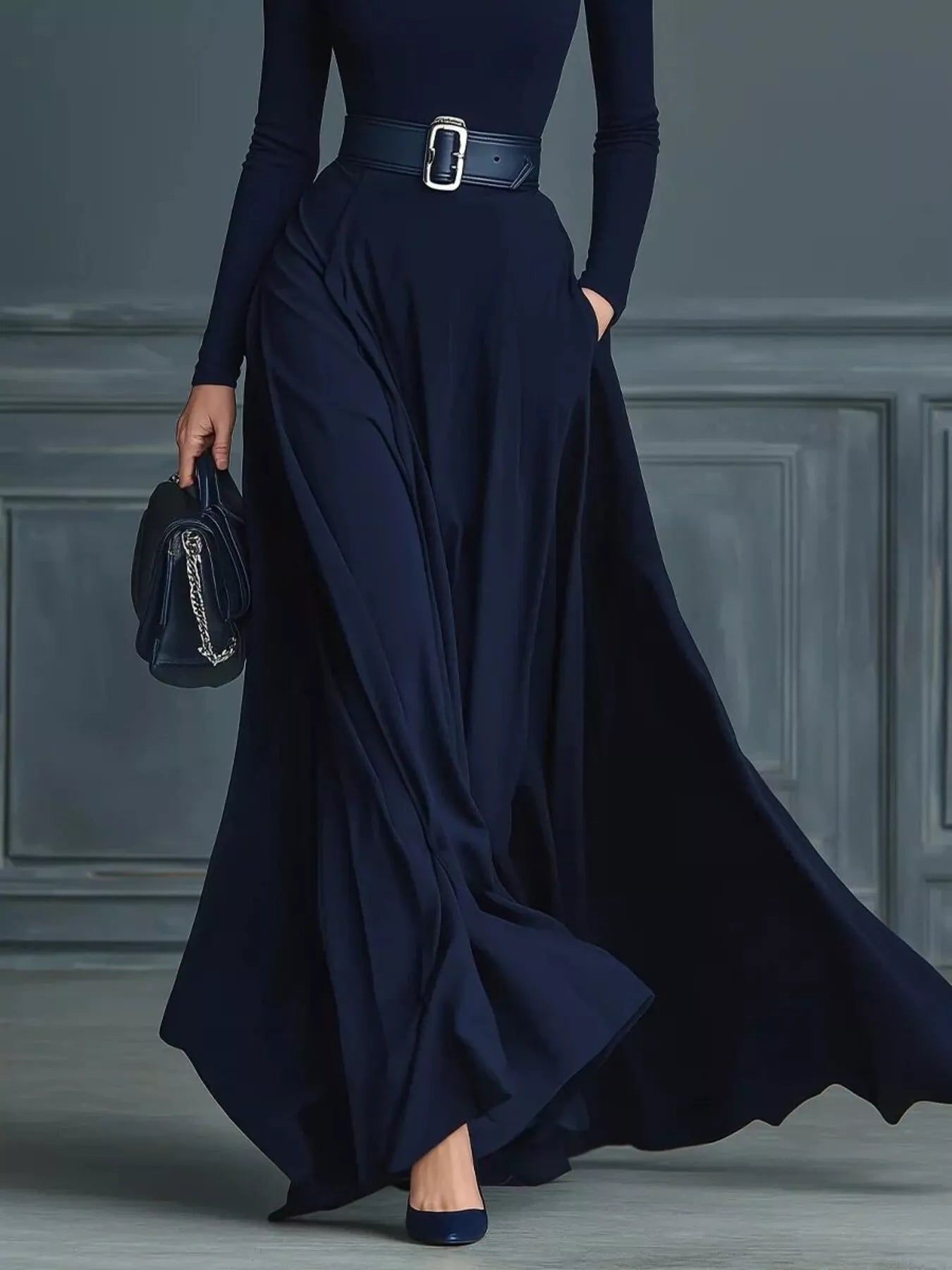Turtleneck Long Sleeve Maxi Dress by Belle Bijouix in navy with pockets and a belted waist