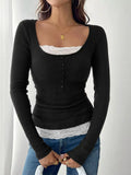 Lace Detail Long Sleeve Ribbed Top in black knit with white lace trim at neckline and hem