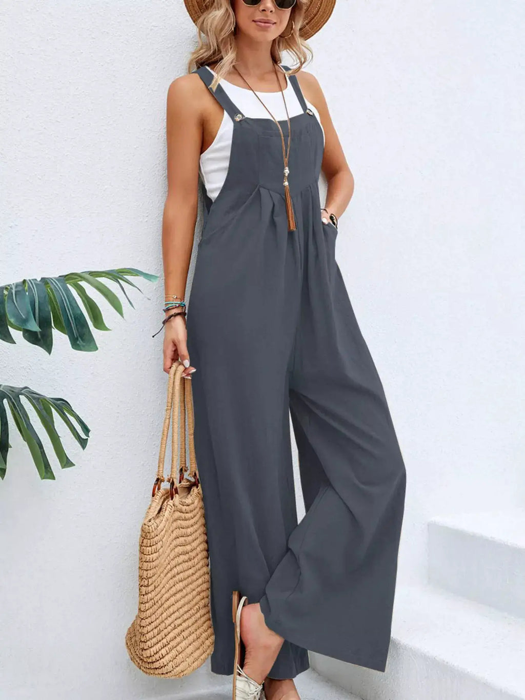 Overalls by Belle Bijouix, plus-size casual wide-leg with pockets in dark gray