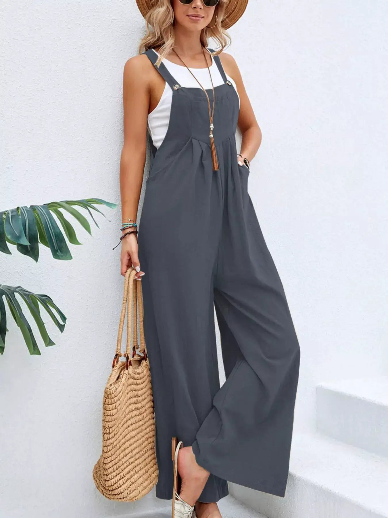 Overalls by Belle Bijouix, plus-size casual wide-leg with pockets in dark gray