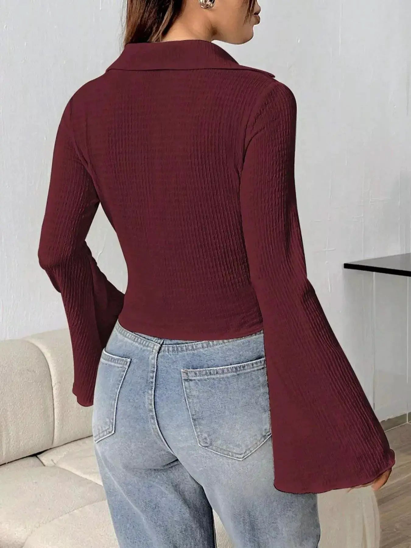 Button Up Flare Sleeve Shirt in burgundy with ruched detailing, back view