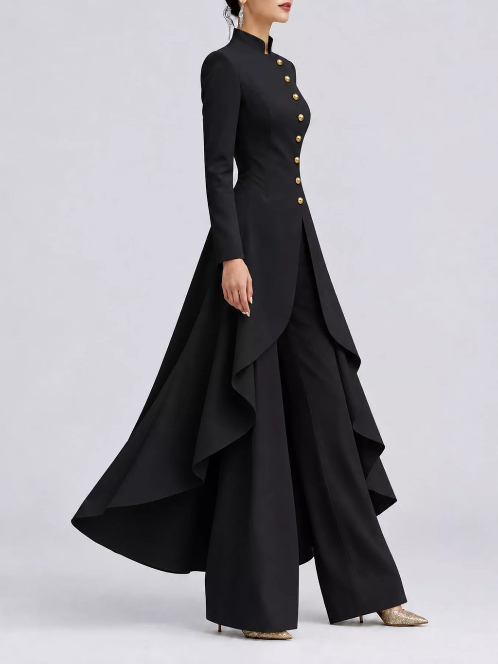 Ruffled High-Low Button Tunic & Wide-Leg Pants Set in Black by Belle Bijouix – view 11 of 82