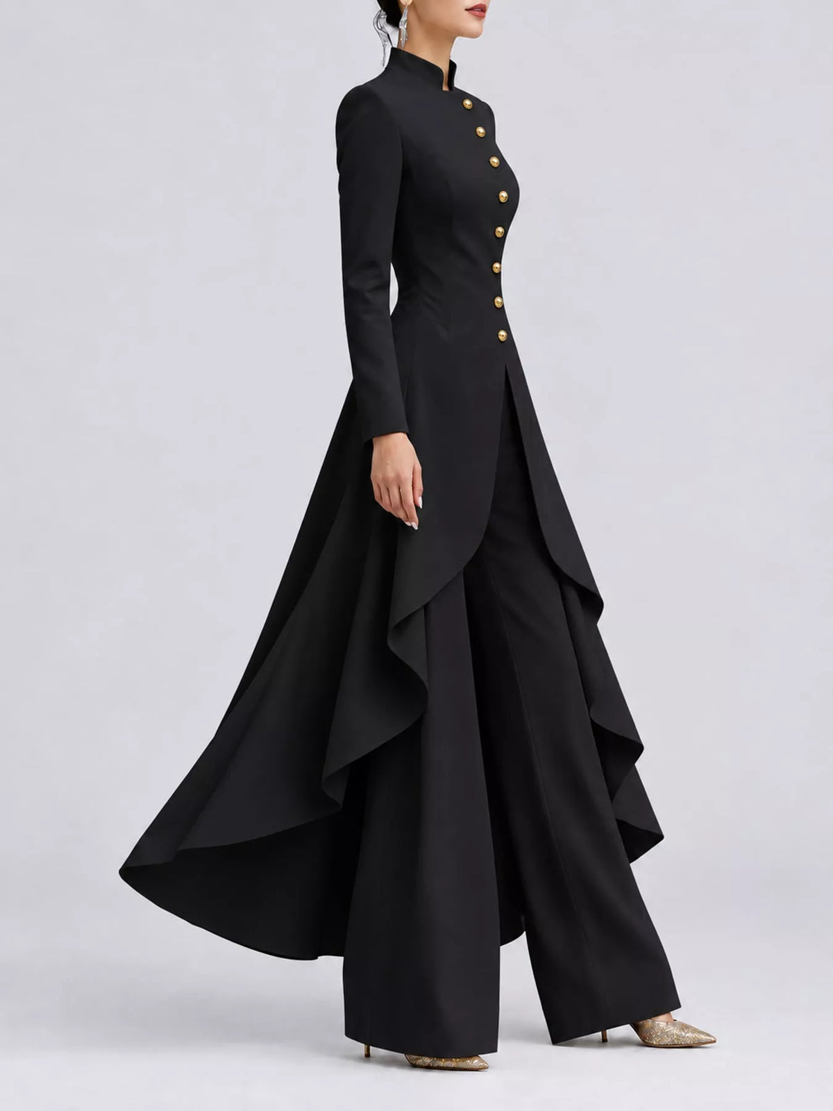 Ruffled High-Low Button Tunic & Wide-Leg Pants Set in Black by Belle Bijouix – view 11 of 82