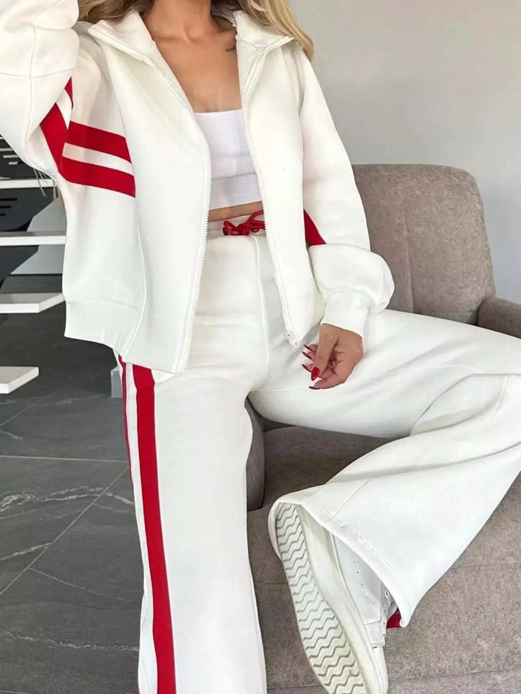 Full Size Striped Zip Up Outerwear and Pants Set, plus-size, white with red stripes, Belle Bijouix activewear