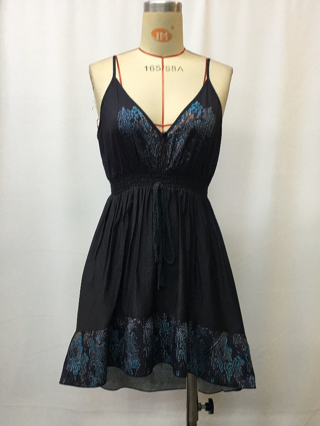 V-Neck Floral Mini Cami Dress by Trendsi, black with blue lace accents and spaghetti straps.