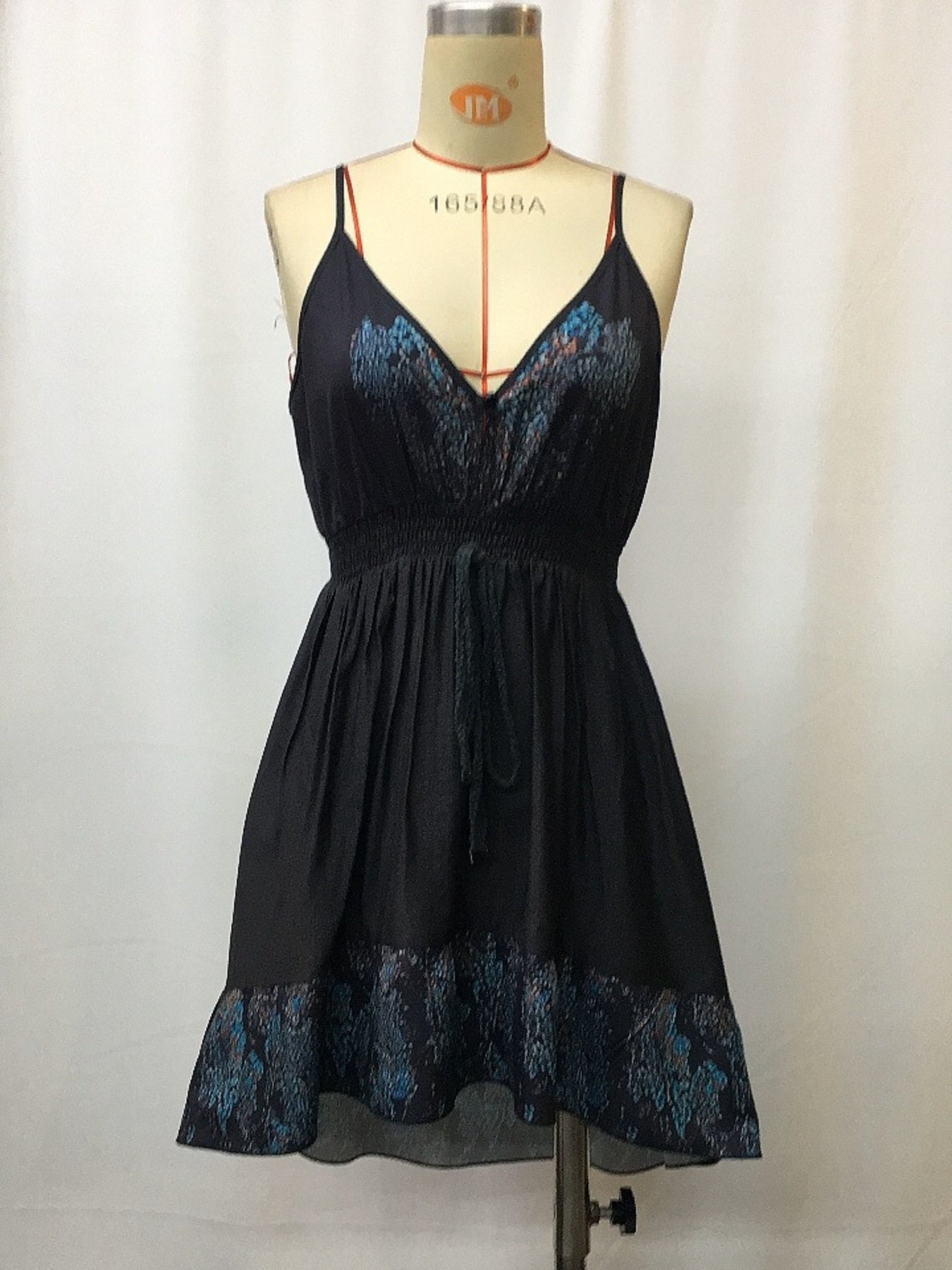 V-Neck Floral Mini Cami Dress by Trendsi, black with blue lace accents and spaghetti straps.