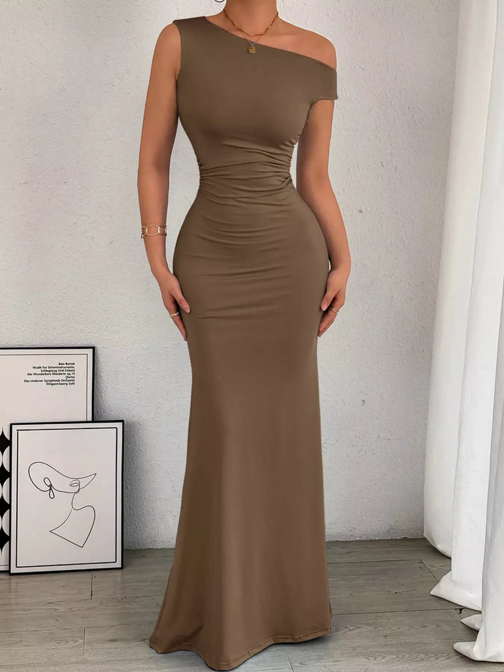 One-Shoulder Ruched Bodycon Maxi Dress, taupe by Belle Bijouix