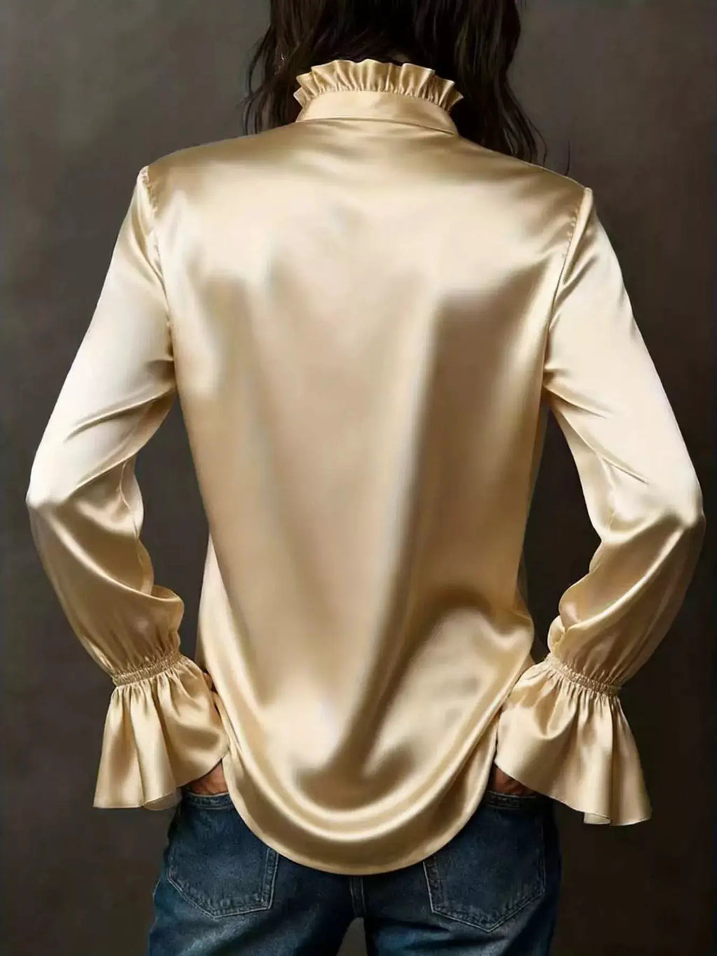 Button Up Flounce Sleeve Shirt by Belle Bijouix, champagne satin with ruched details and ruffled collar (back view)