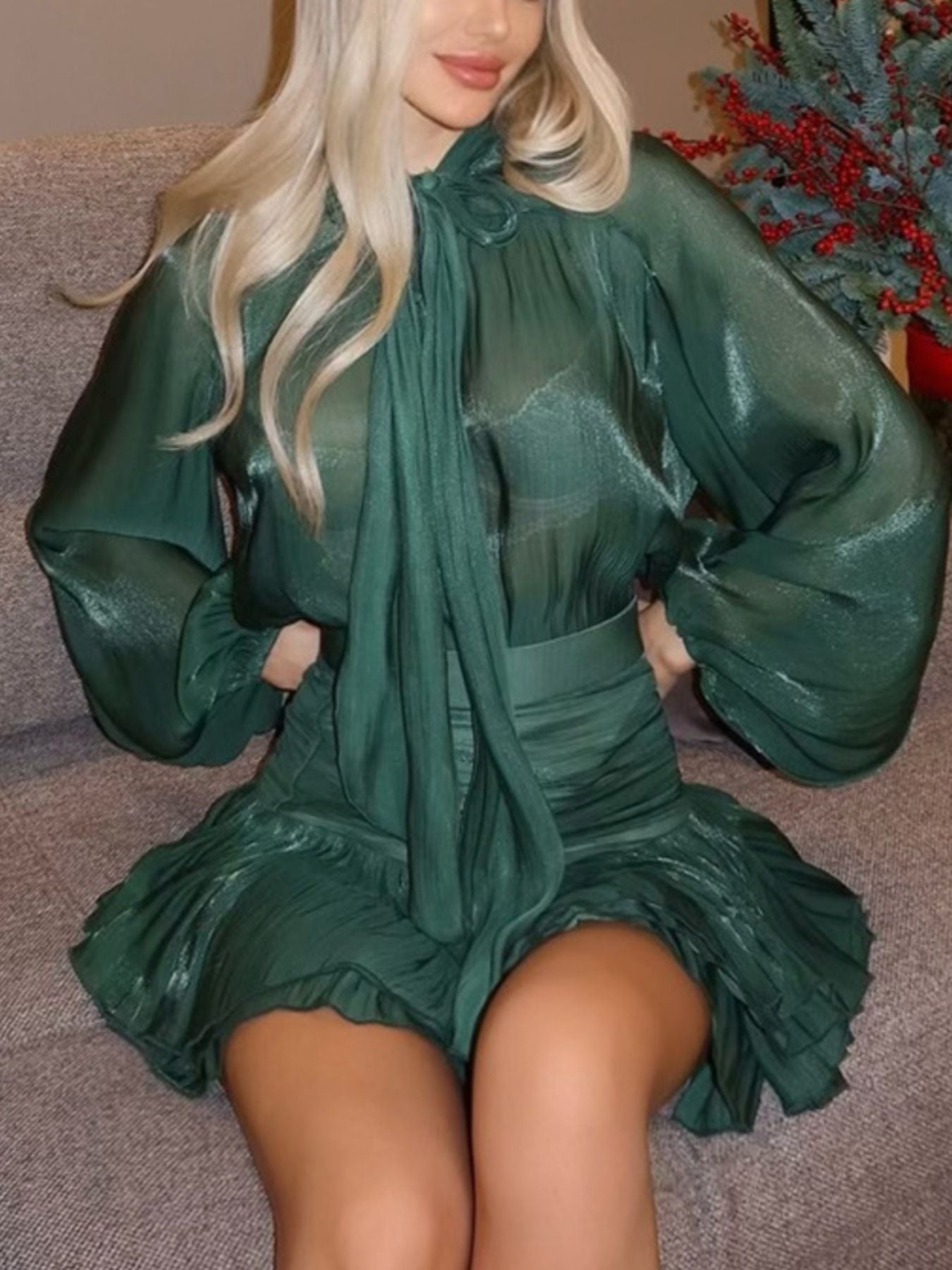 Bow-tie blouse and ruched mini skirt set in emerald green satin by Trendsi.