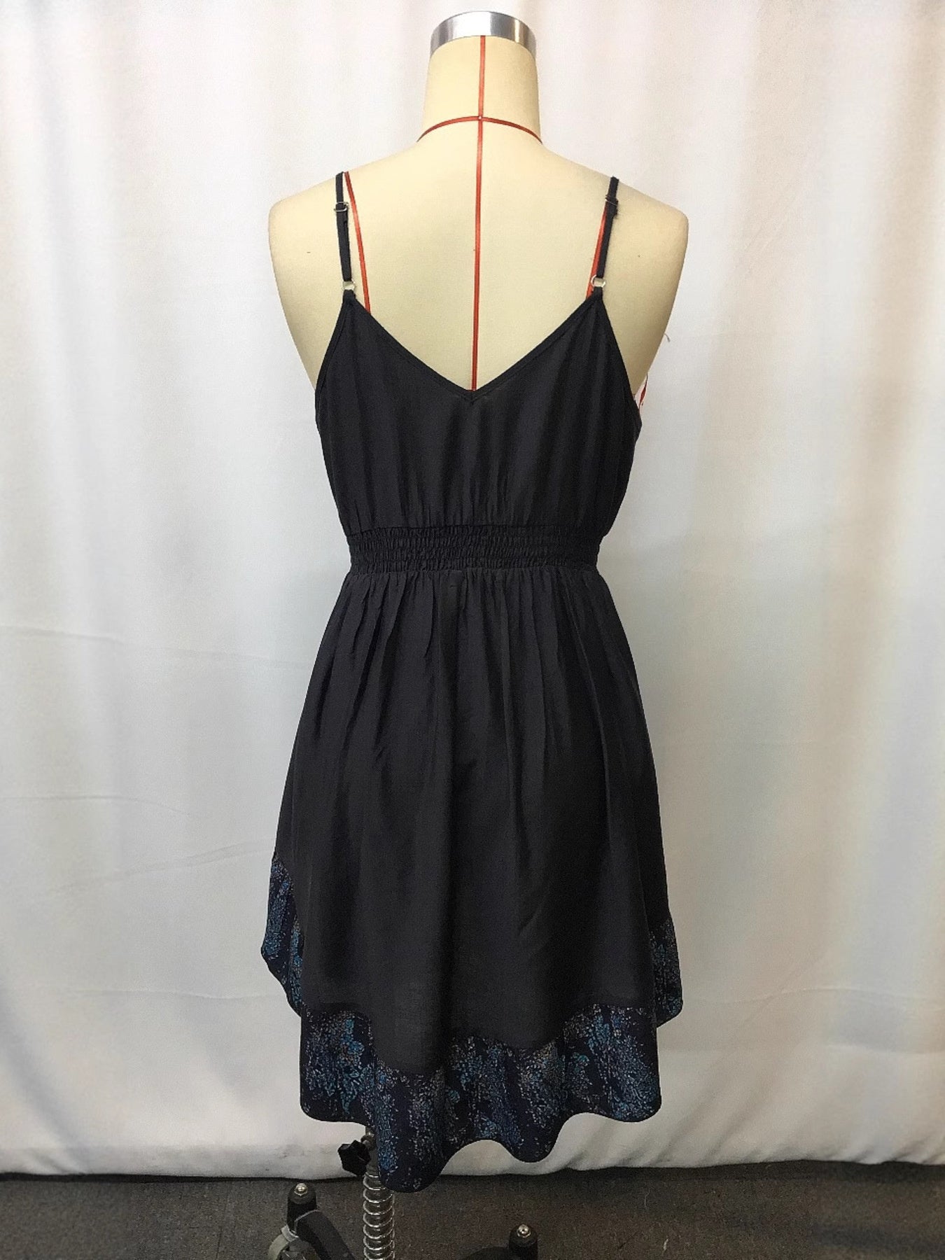 V-Neck Floral Mini Cami Dress by Trendsi, black with smocked waist and blue lace hem