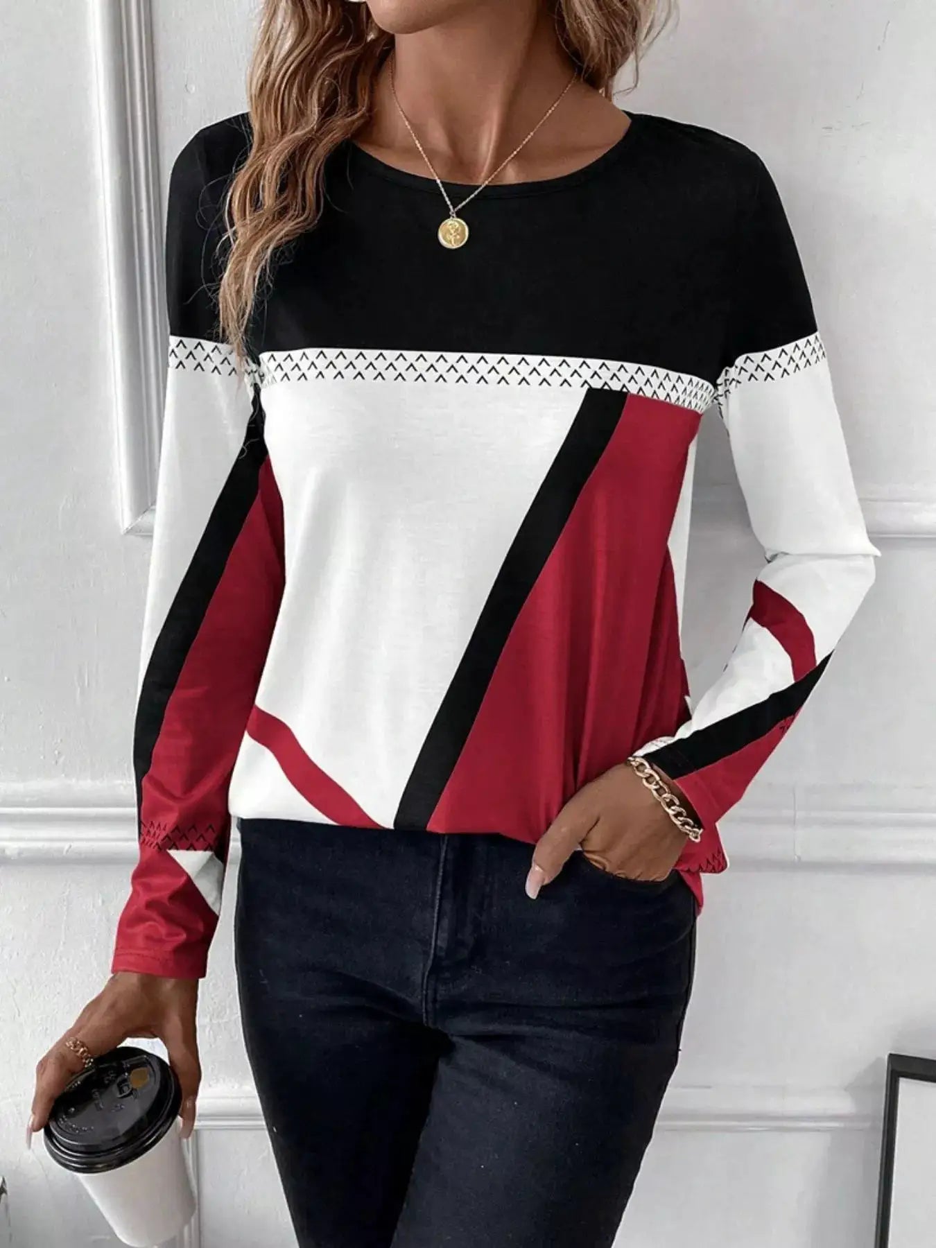 Color Block Long Sleeve T-Shirt by Belle Bijouix in black, white and red with diagonal panel design.