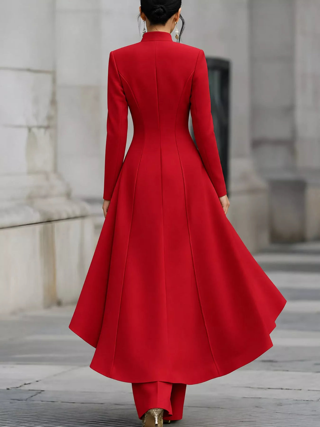 Ruffled High-Low Button Tunic & Wide-Leg Pants Set in Red by Belle Bijouix – view 60 of 82