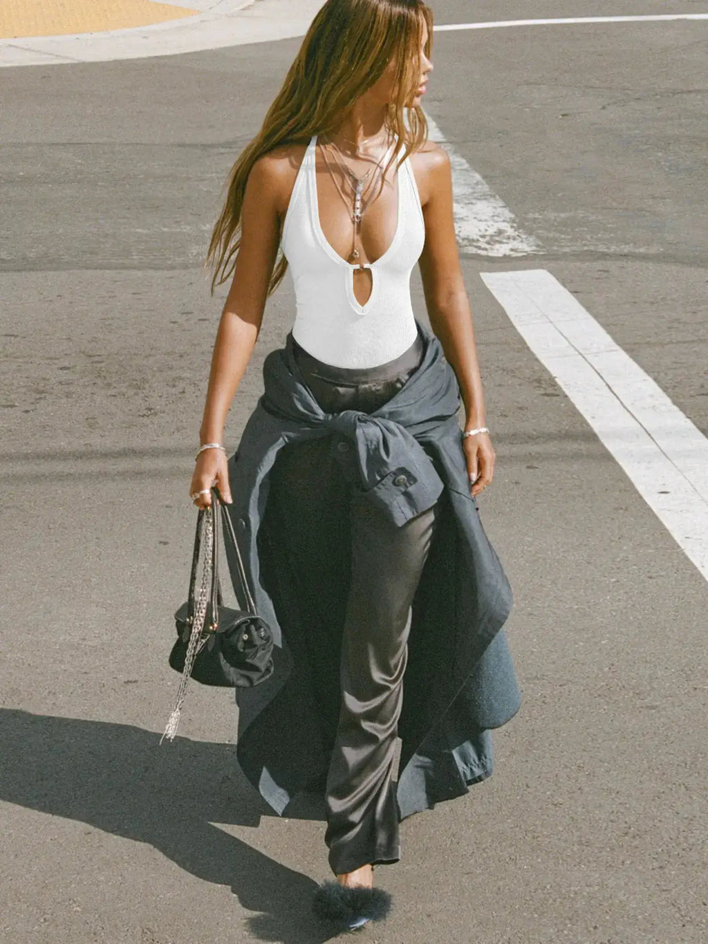 Cutout Ribbed Tank Top, white halter-neck style worn by model