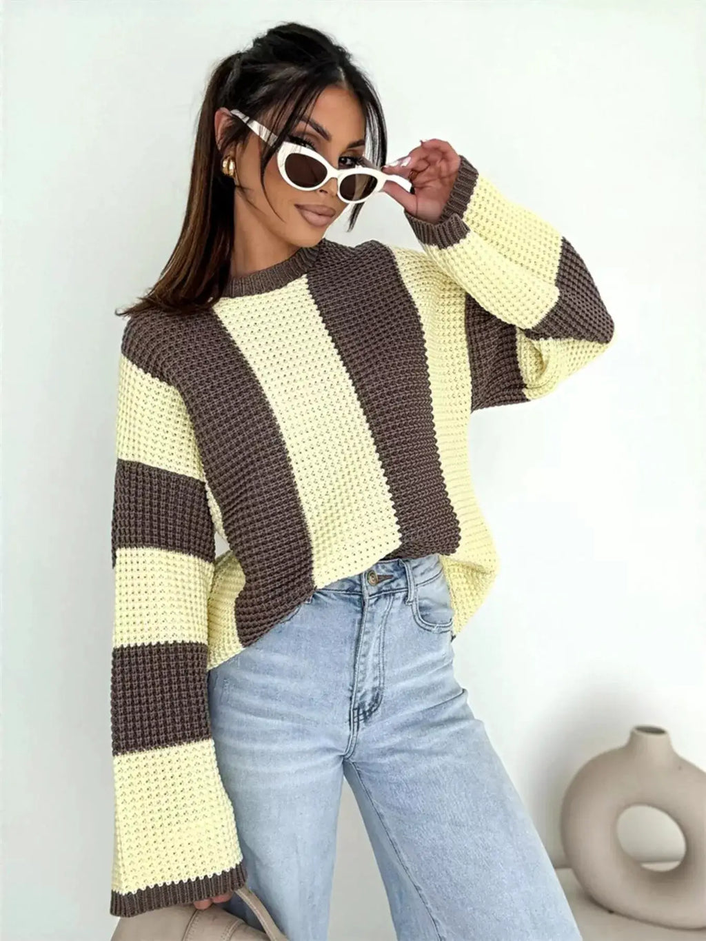 Color Block Long Sleeve Sweater, oversized knit in brown and cream