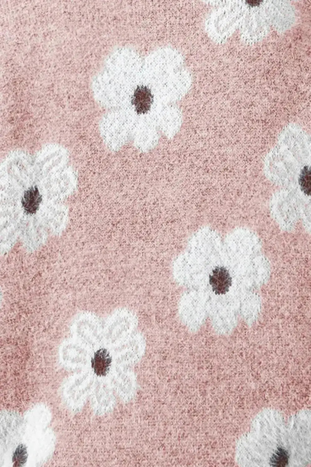 Flower Half Zip Long Sleeve Sweater by Belle Bijouix in pink knit with white flowers and brown centers