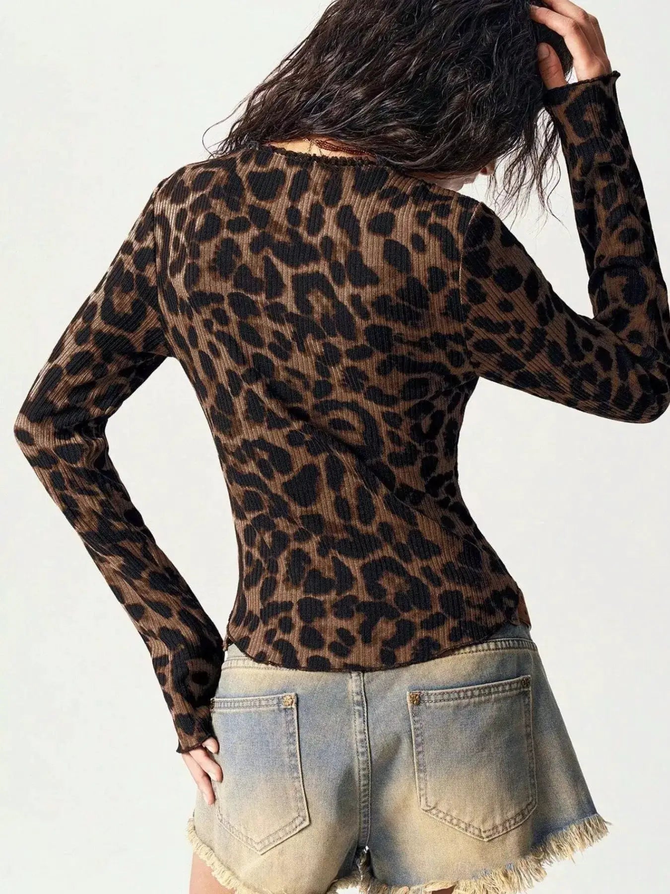 Leopard Print Button-Down Top in brown-black ribbed knit, long sleeves