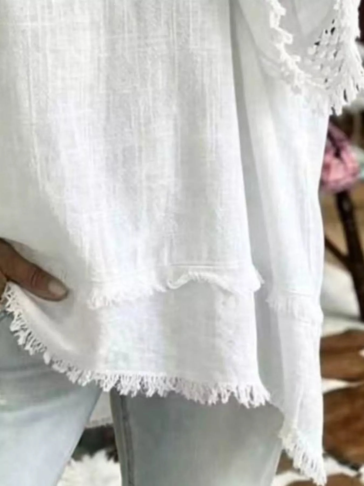 Fringe Trim V-Neck Loose Fit Blouse