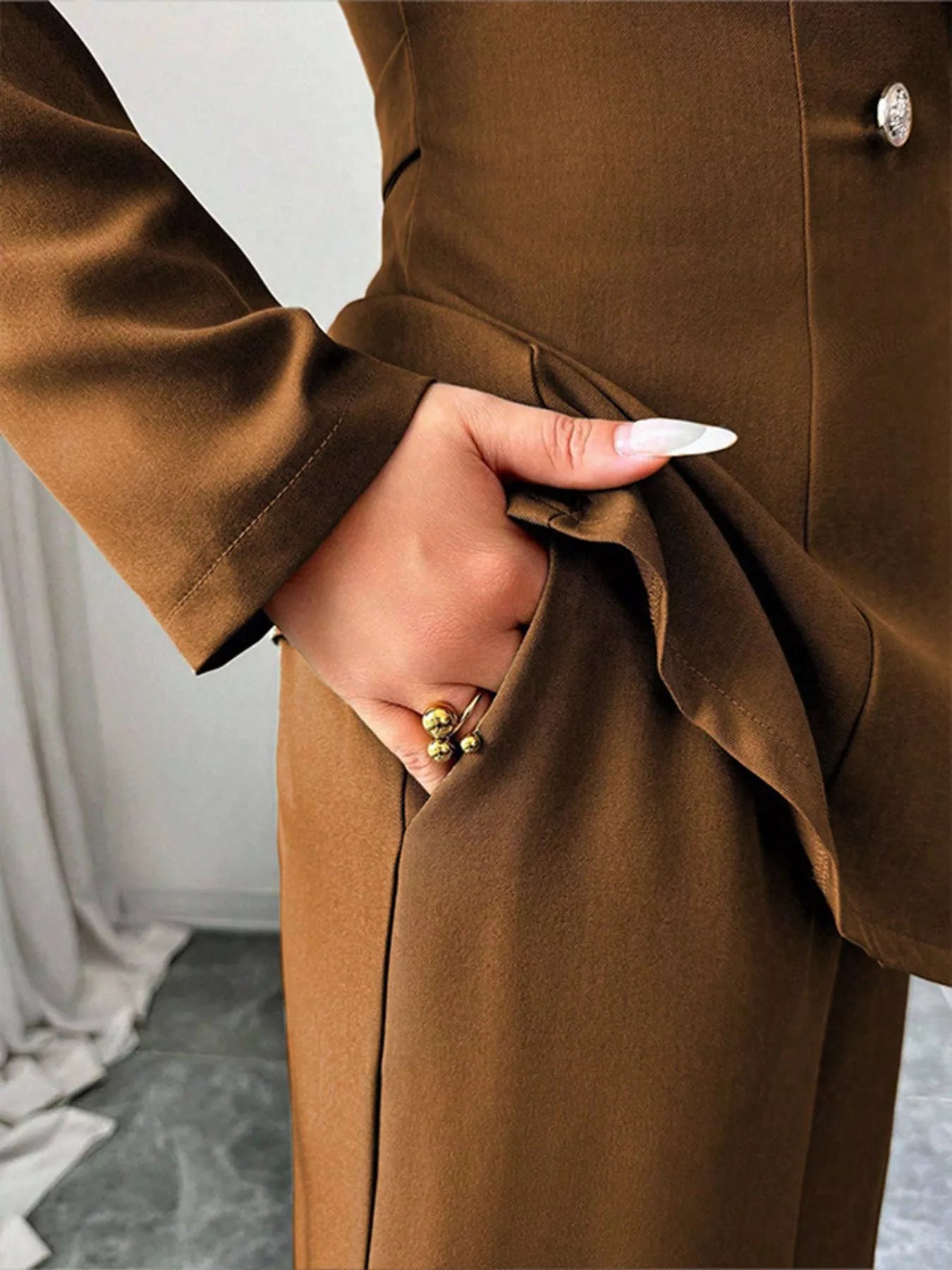 One Button Blazer and Pants Set by Belle Bijouix in brown with pockets