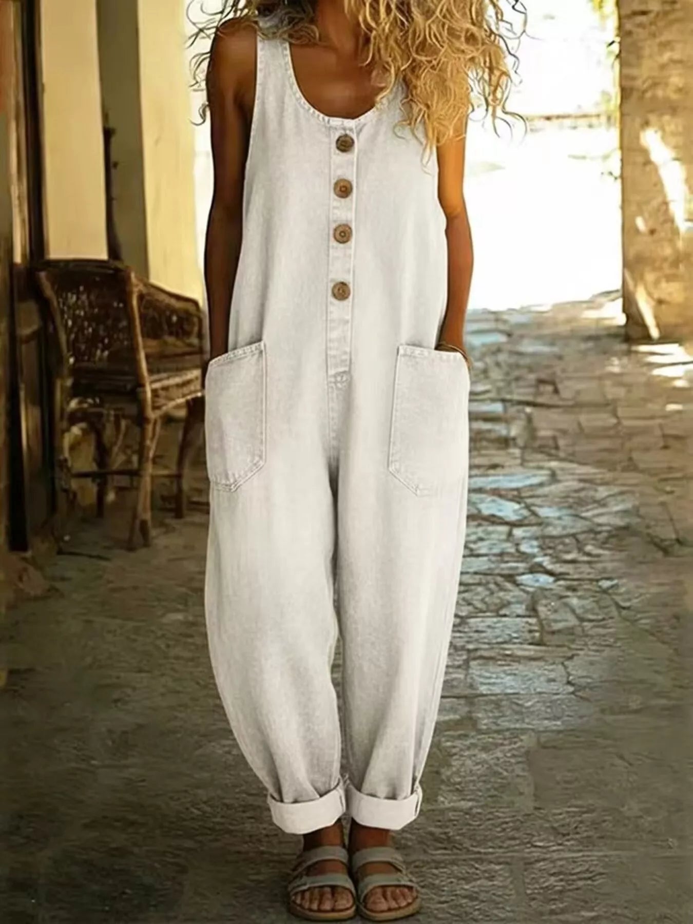 Jumpsuit by Trendsi: light denim, button-front, wide straps, plus-size with front pockets and cuffed hems