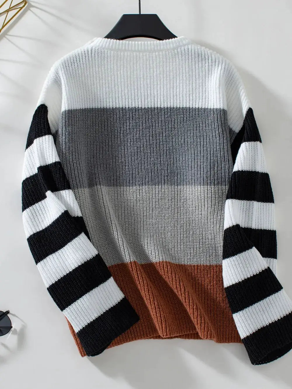 Color Block Round Neck Long Sleeve Sweater, knit with white-gray-rust blocks and striped black-and-white sleeves