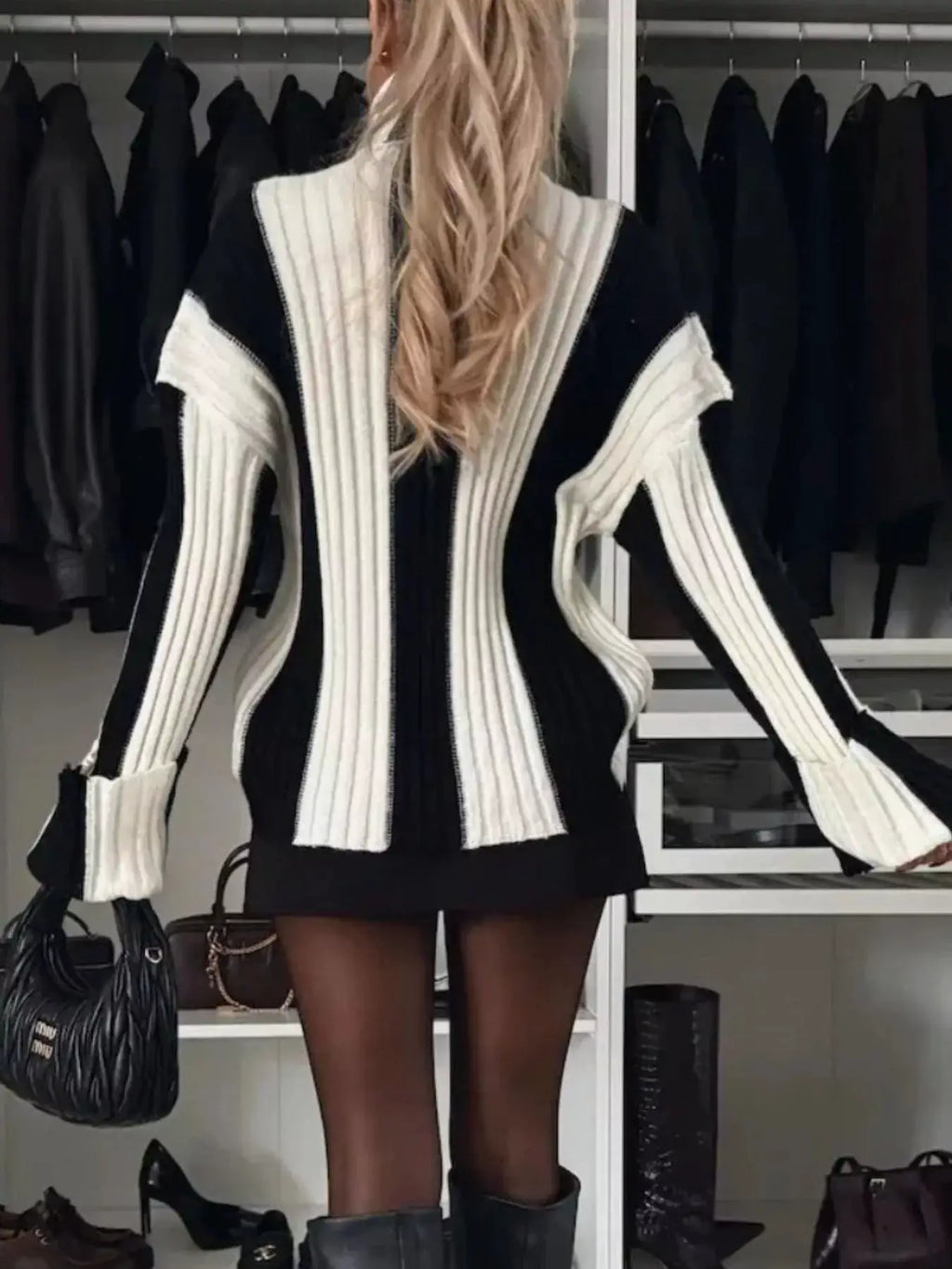 Color Block Ribbed Turtleneck Sweater; black and white vertical panels, ribbed texture