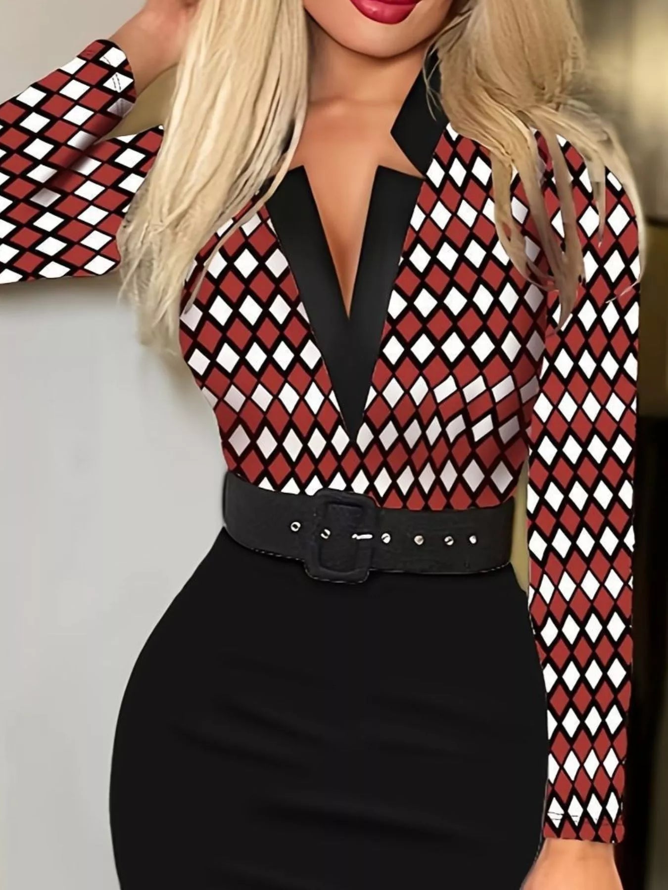 Full Size Notched Long Sleeve Dress Plus Size, belted red and black diamond-print with deep V neckline